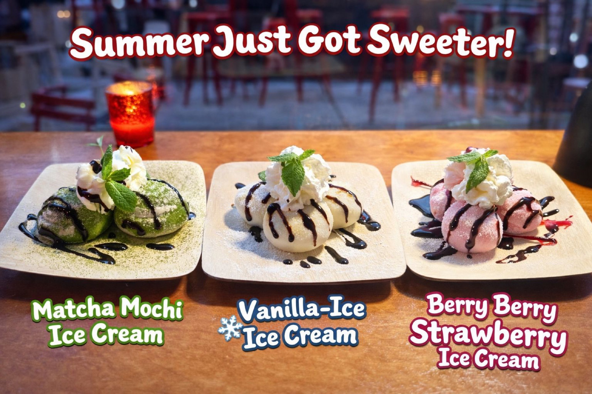 Mochi ice cream desserts served at Karakatta Ramen with warm ambient lighting