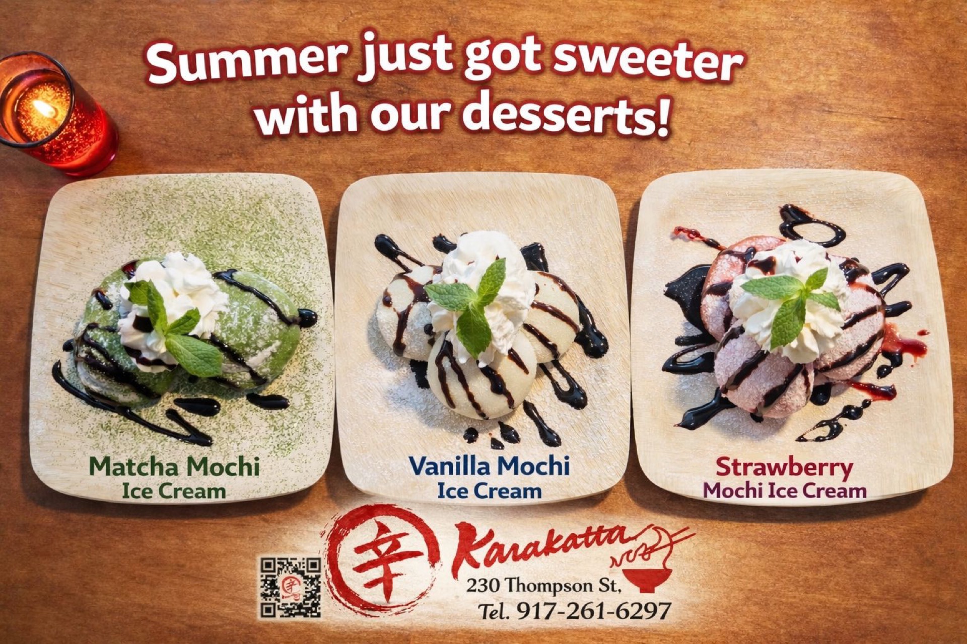 Three mochi ice cream desserts at Karakatta Ramen — matcha, vanilla, and strawberry flavors on wooden plates