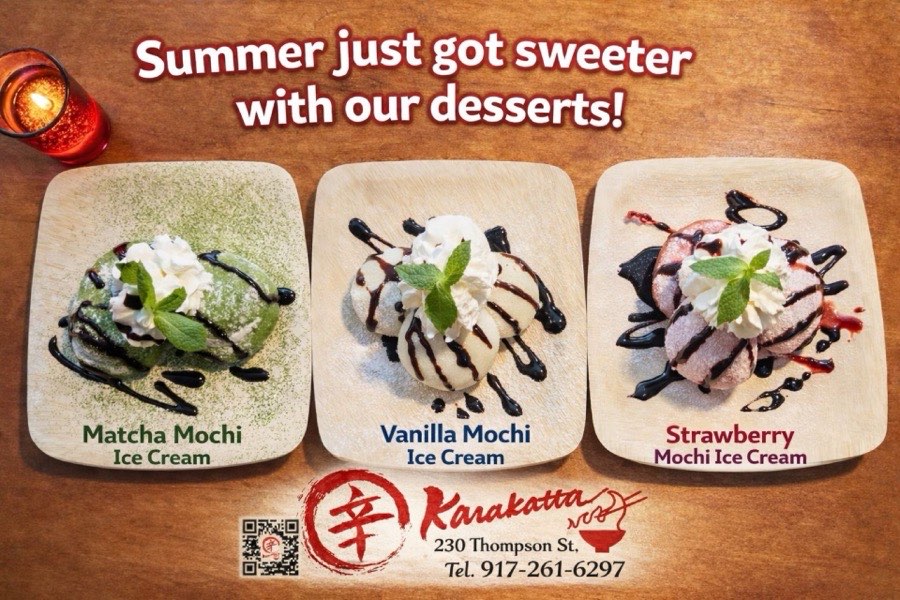 Three mochi ice cream desserts at Karakatta Ramen — matcha, vanilla, and strawberry flavors on wooden plates