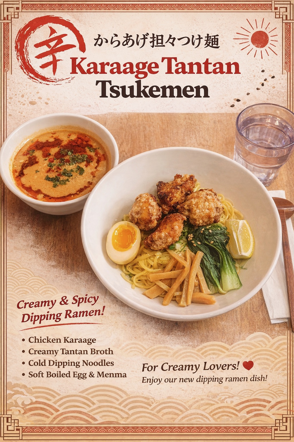 Karaage Tantan Tsukemen — crispy chicken karaage with cold dipping noodles and creamy spicy tantan broth, Karakatta Ramen's bold new signature dish