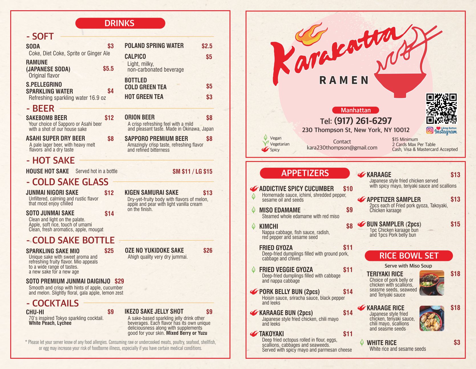 Karakatta Ramen full menu featuring drinks, appetizers, and rice bowls