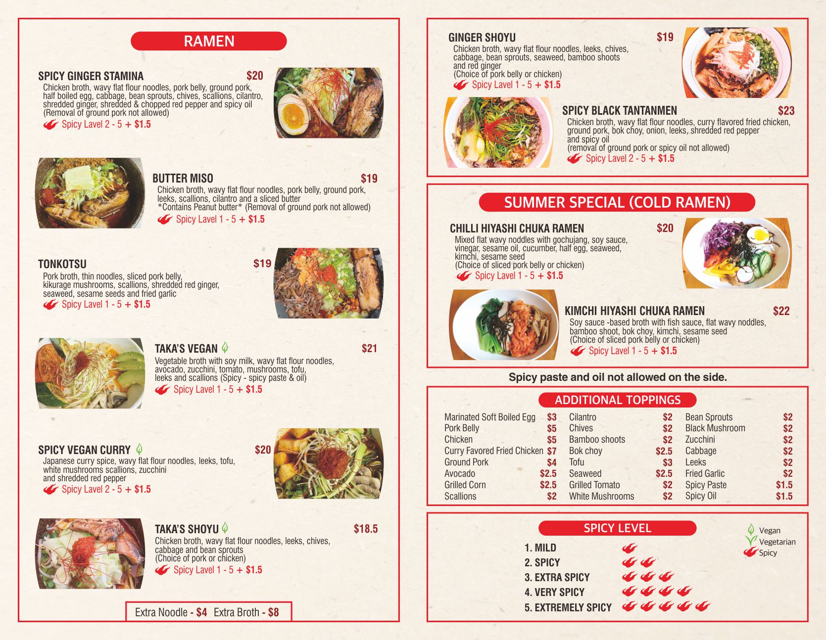 Karakatta Ramen printed menu page showing signature ramen bowls and summer specials