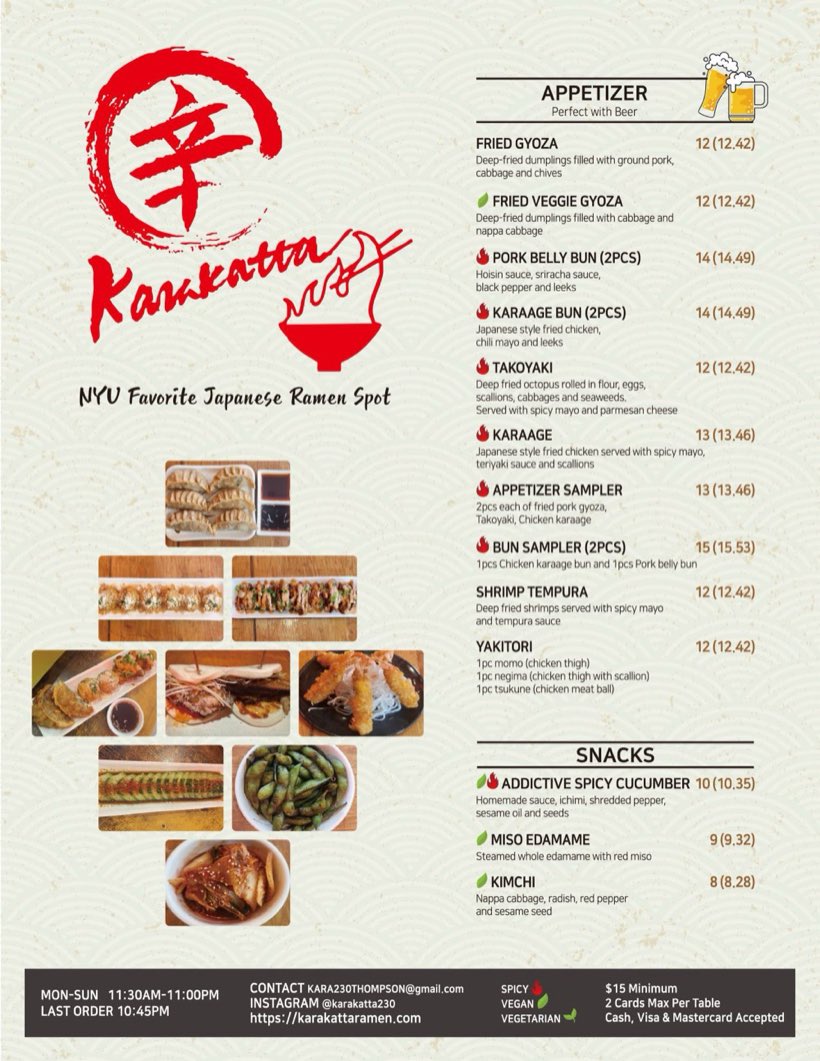 Karakatta Ramen menu page featuring appetizers and snacks with prices
