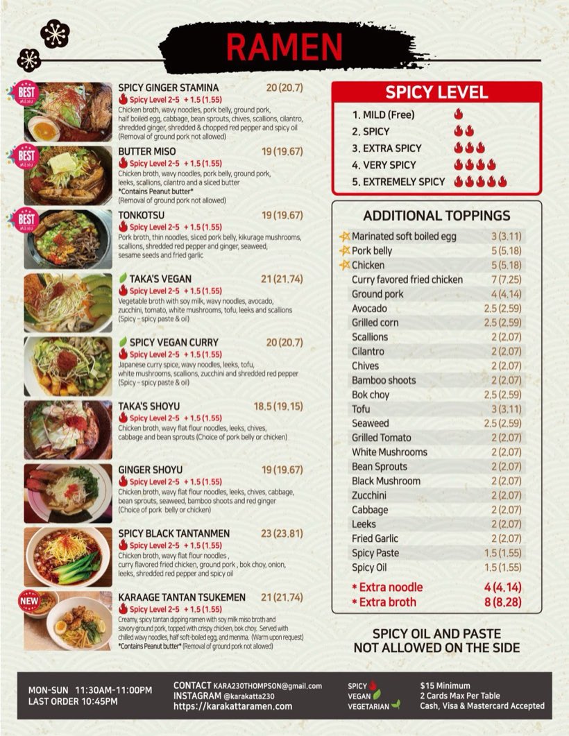Karakatta Ramen menu page featuring signature ramen bowls and spice levels