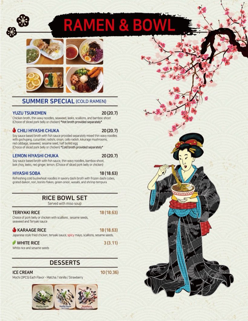 Karakatta Ramen printed menu page showing summer cold ramen specials, rice bowl sets, and desserts