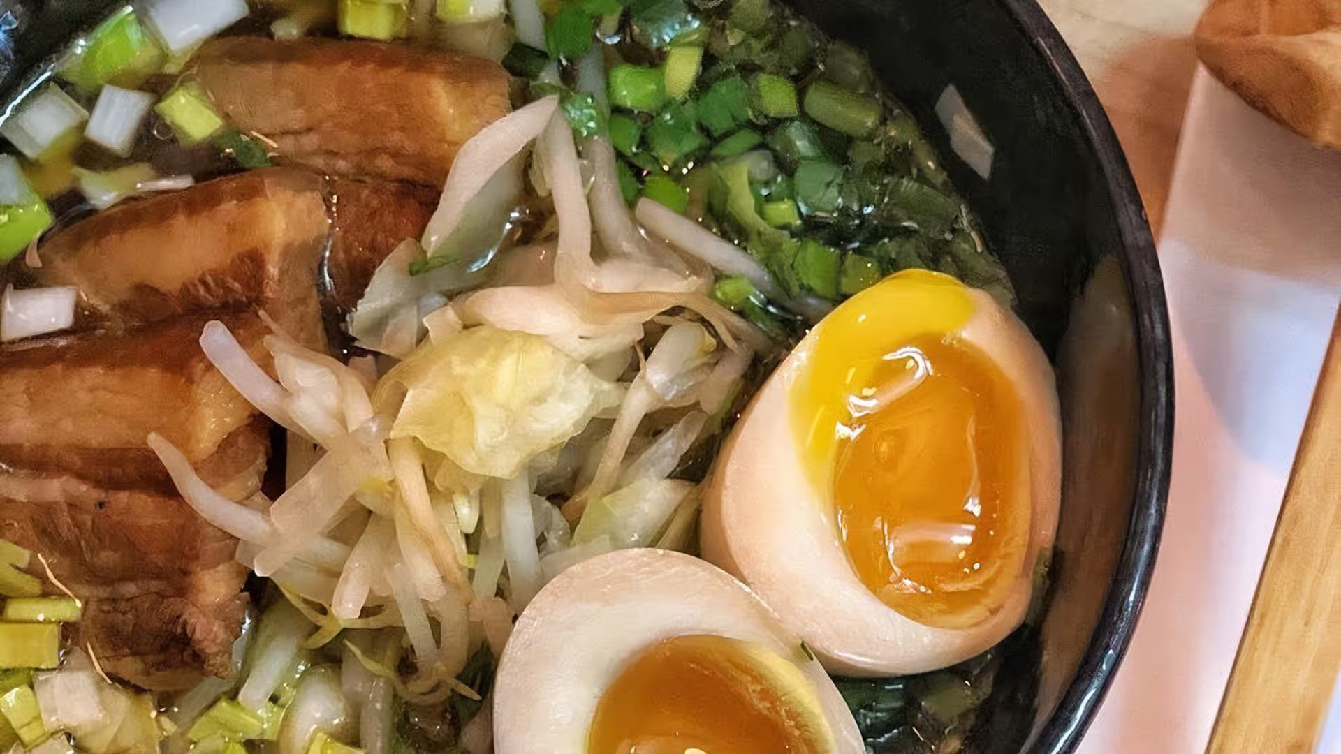 Taka's Shoyu Ramen with clear soy broth, vegetables, and soft-boiled egg at Karakatta